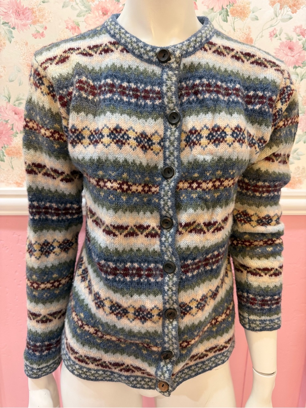 100% wool Cozy Fair Isle Button-Front Sweater Cardigan - Blue, Cream, Green
